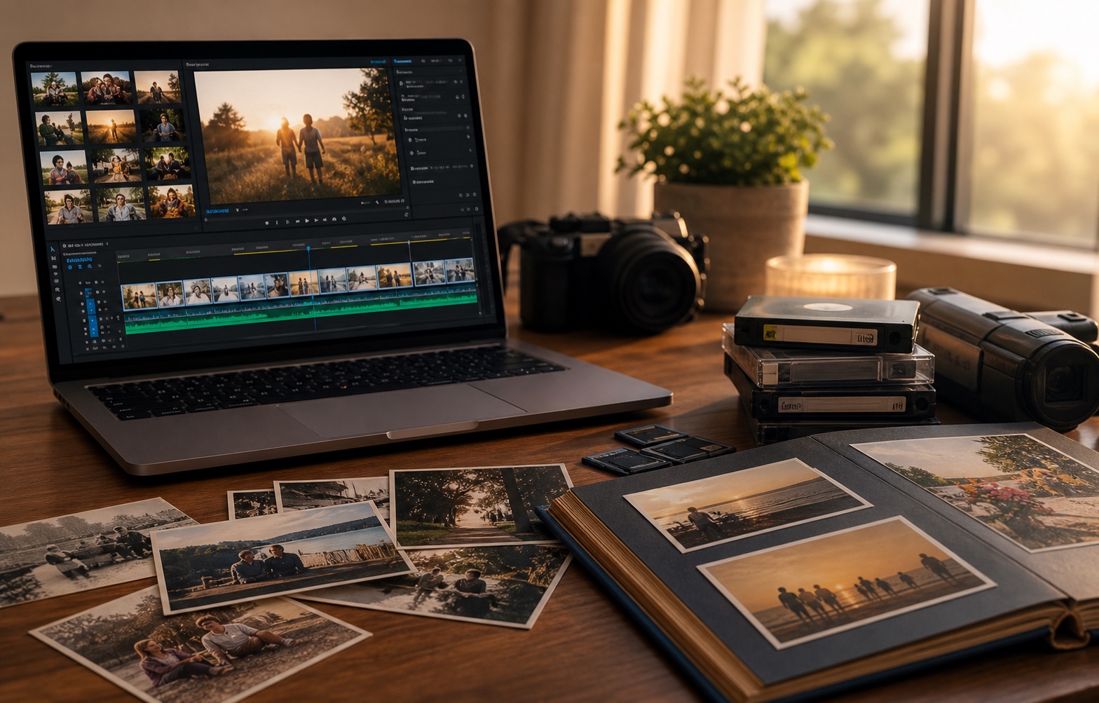 Editing workspace with family photos, a video timeline, memory cards, and old tapes prepared for a legacy film